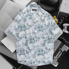 Áo sơ mi tay ngắn cổ đăng/ cổ vest họa tiết xe kéo xanh bigsize nam< 140 kg