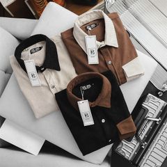 Áo sơ mi tay ngắn unisex phối túi vải nhung tăm thời trang 85-140kg