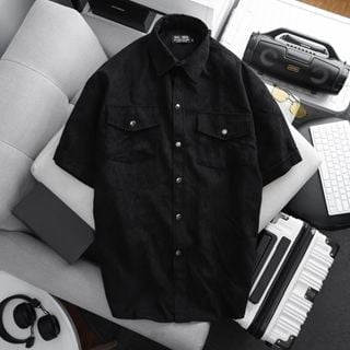 Áo sơ mi tay ngắn unisex phối túi vải nhung tăm thời trang(Mẫu 2)