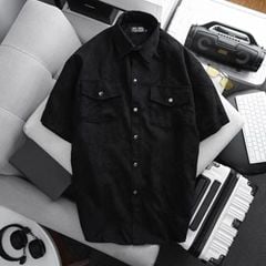 Áo sơ mi tay ngắn unisex phối túi vải nhung tăm thời trang(Mẫu 2)