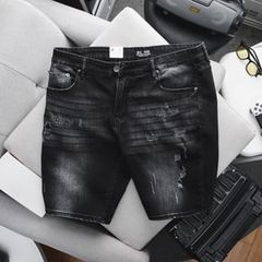 Quần short jean đen wash thời trang 85-130kg (Mẫu 6)