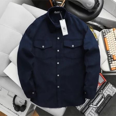 Áo sơ mi tay dài phối túi vải nhung tăm thời trang cỡ đại bigsize nam < 140kg