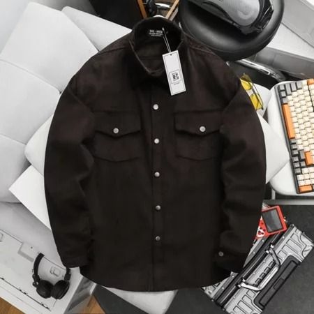 Áo sơ mi tay dài phối túi vải nhung tăm thời trang cỡ đại bigsize nam < 140kg