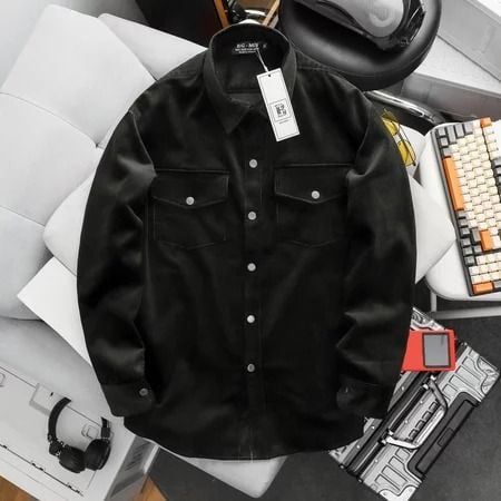 Áo sơ mi tay dài phối túi vải nhung tăm thời trang cỡ đại bigsize nam < 140kg