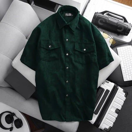 Áo sơ mi tay ngắn unisex phối túi vải nhung tăm thời trang 85-140kg