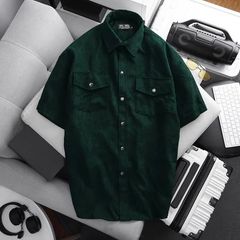 Áo sơ mi tay ngắn unisex phối túi vải nhung tăm thời trang 85-140kg