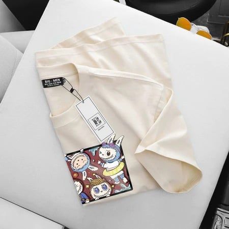 [Big Men] Áo thun cotton nam màu kem in Labubu ngộ nghĩnh bigsize 85- 135 kg.