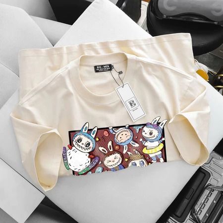 [Big Men] Áo thun cotton nam màu kem in Labubu ngộ nghĩnh bigsize 85- 135 kg.
