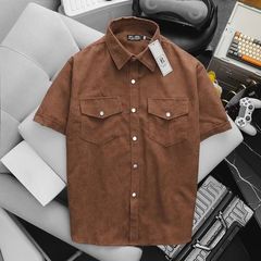 Áo sơ mi tay ngắn unisex phối túi vải nhung tăm thời trang 85-140kg