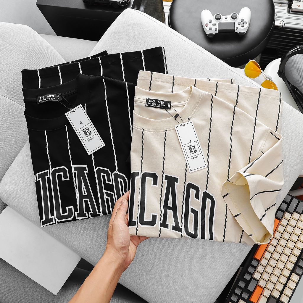 Áo thun cotton sọc dọc phối chữ thời trang bigsize Chicago (Mẫu 24)