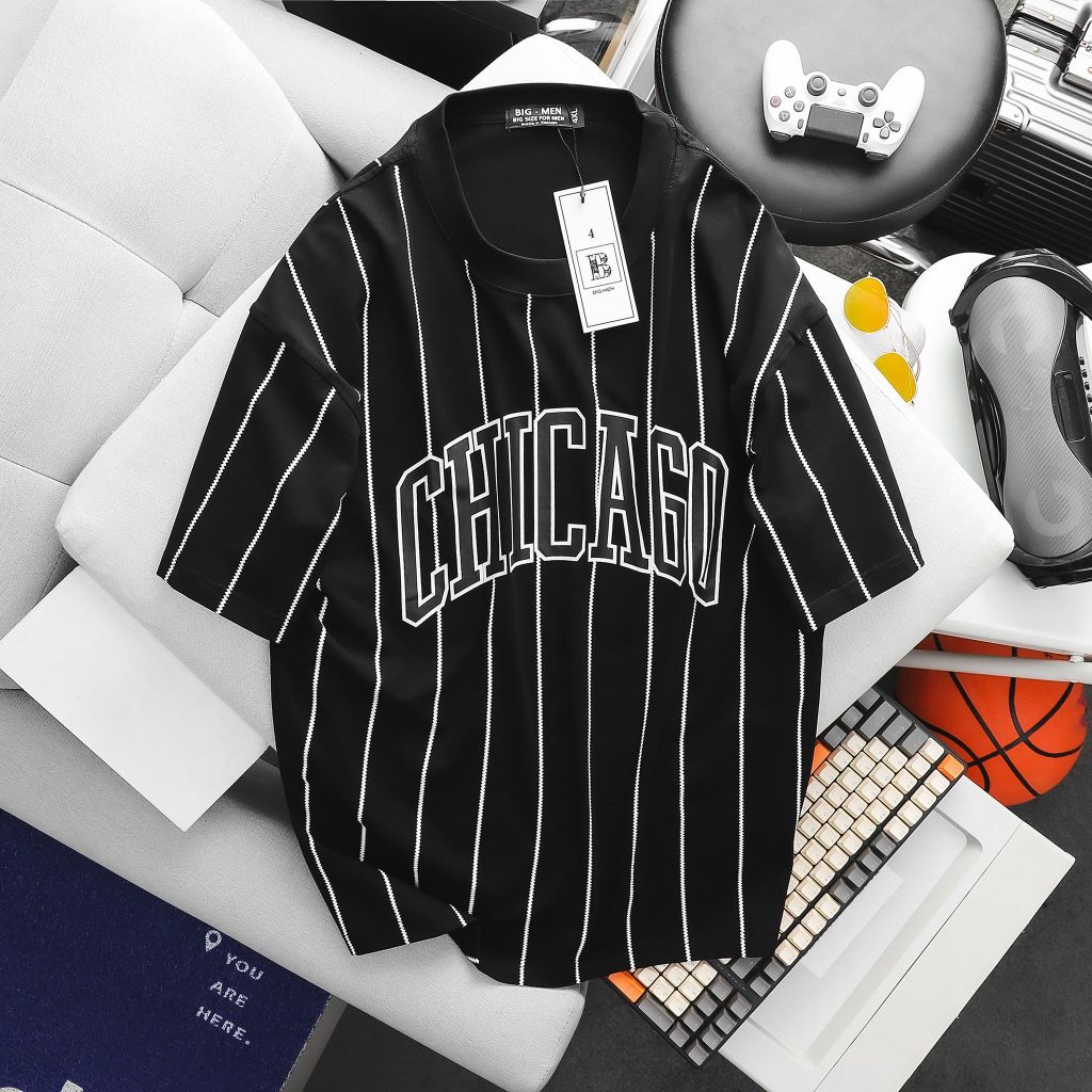 Áo thun cotton sọc dọc phối chữ thời trang bigsize Chicago (Mẫu 24)