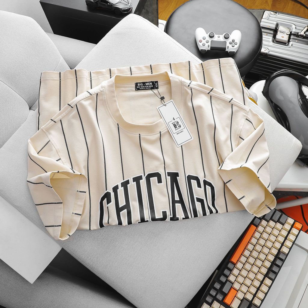 Áo thun cotton sọc dọc phối chữ thời trang bigsize Chicago (Mẫu 24)
