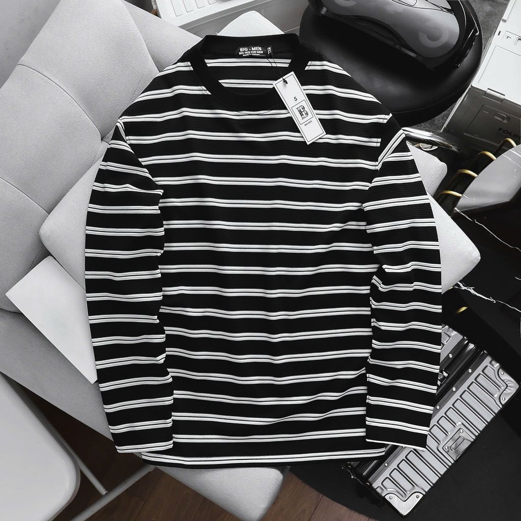 Áo thun tay dài sọc ngang phối unisex co giãn big size 85-130kg.