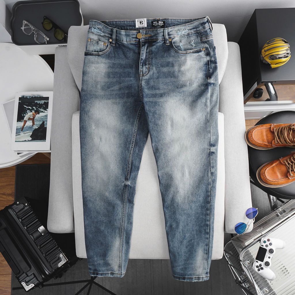Quần jean dài màu xanh form ống suông thời trang cỡ đại bigsize nam < 140kg - Mã 195