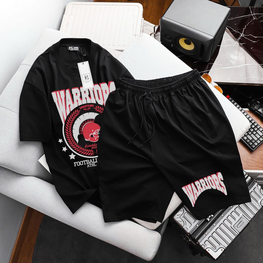 Set bộ quần áo cotton in Warriors cực chất bigsize nam< 135 kg