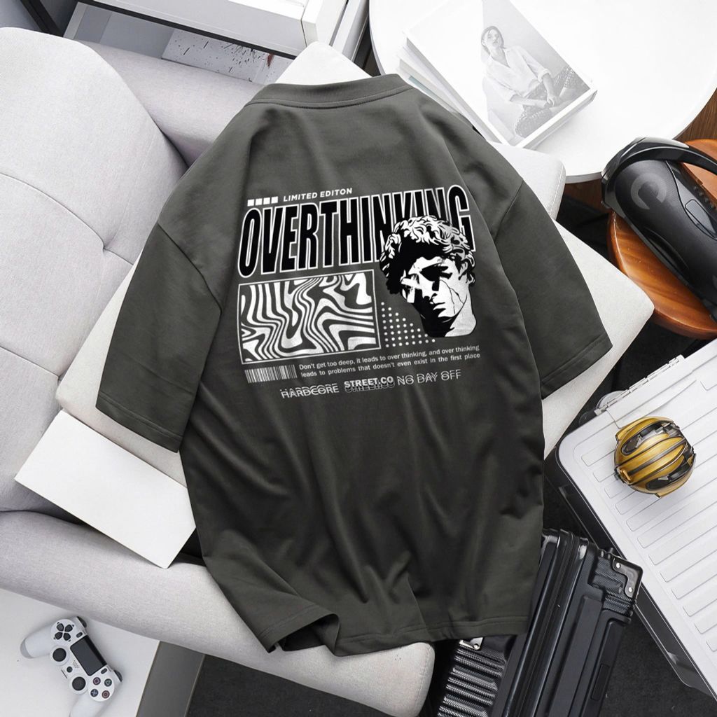 [Big Men] Áo thun cotton nam bigsize cá tính in Overthinking< 135 kg.