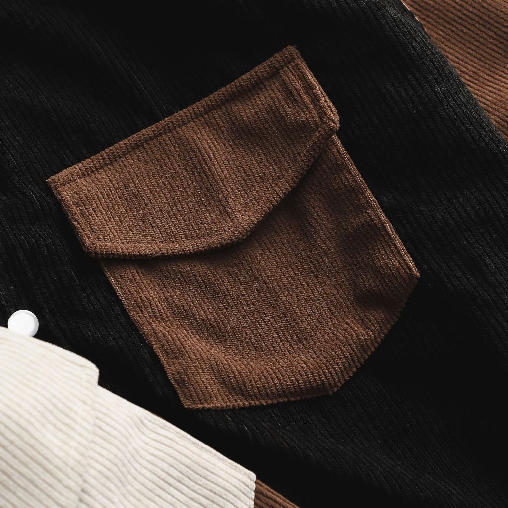 Áo sơ mi tay ngắn unisex phối túi vải nhung tăm thời trang 85-140kg