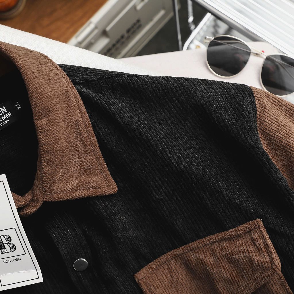 Áo sơ mi tay ngắn unisex phối túi vải nhung tăm thời trang 85-140kg