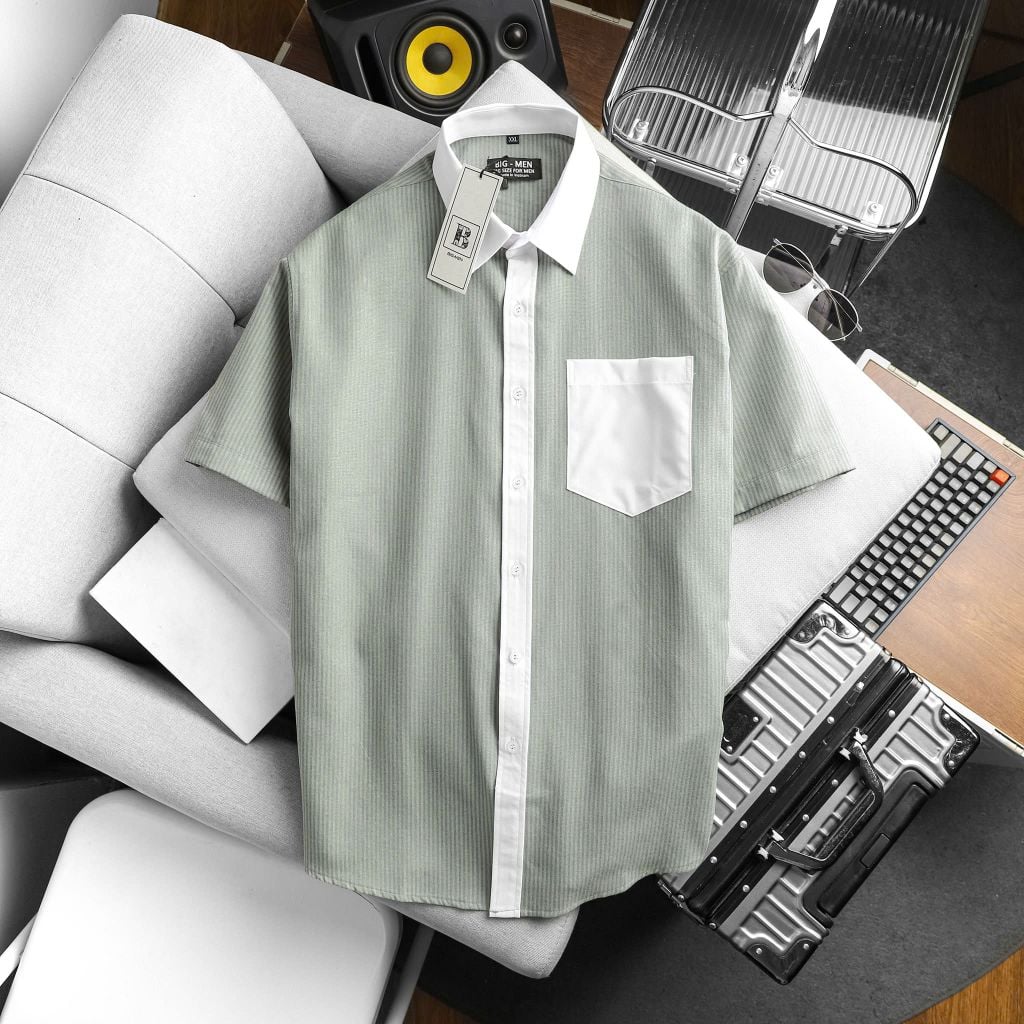 Áo sơ mi tay ngắn sọc dọc vải oxford phối túi thời trang bigsize nam cỡ đại < 140kg