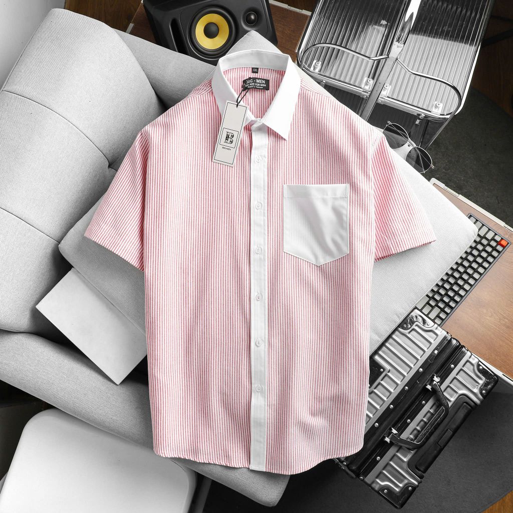 Áo sơ mi tay ngắn sọc dọc vải oxford phối túi thời trang bigsize nam cỡ đại < 140kg