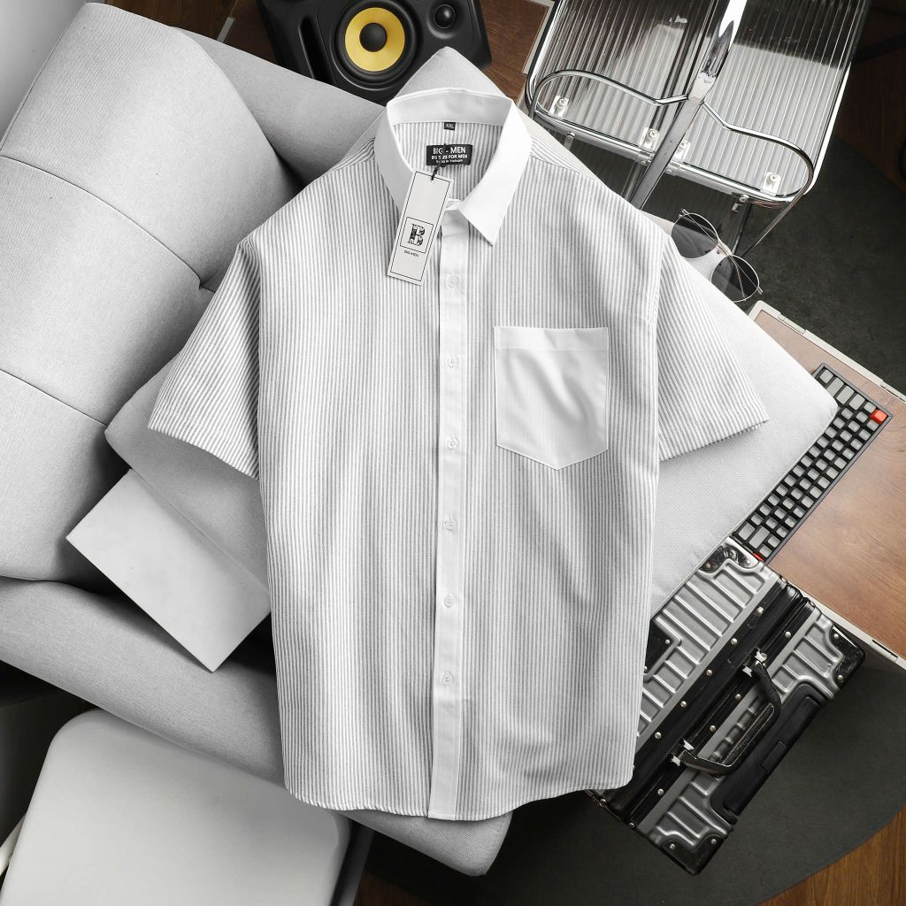 Áo sơ mi tay ngắn sọc dọc vải oxford phối túi thời trang bigsize nam cỡ đại < 140kg