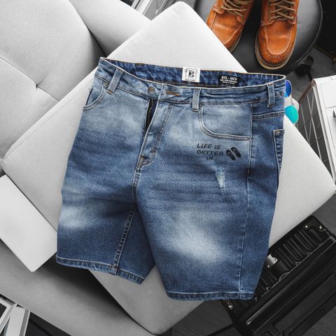 Quần short jean tông xanh in chữ life thời trang bigsize nam cỡ đại < 140kg