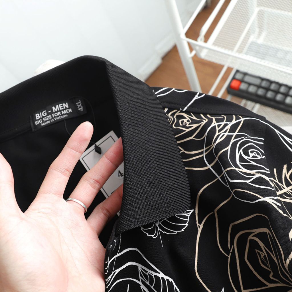 Áo thun polo in lụa họa tiết hoa hồng bigsize nam 85-135kg