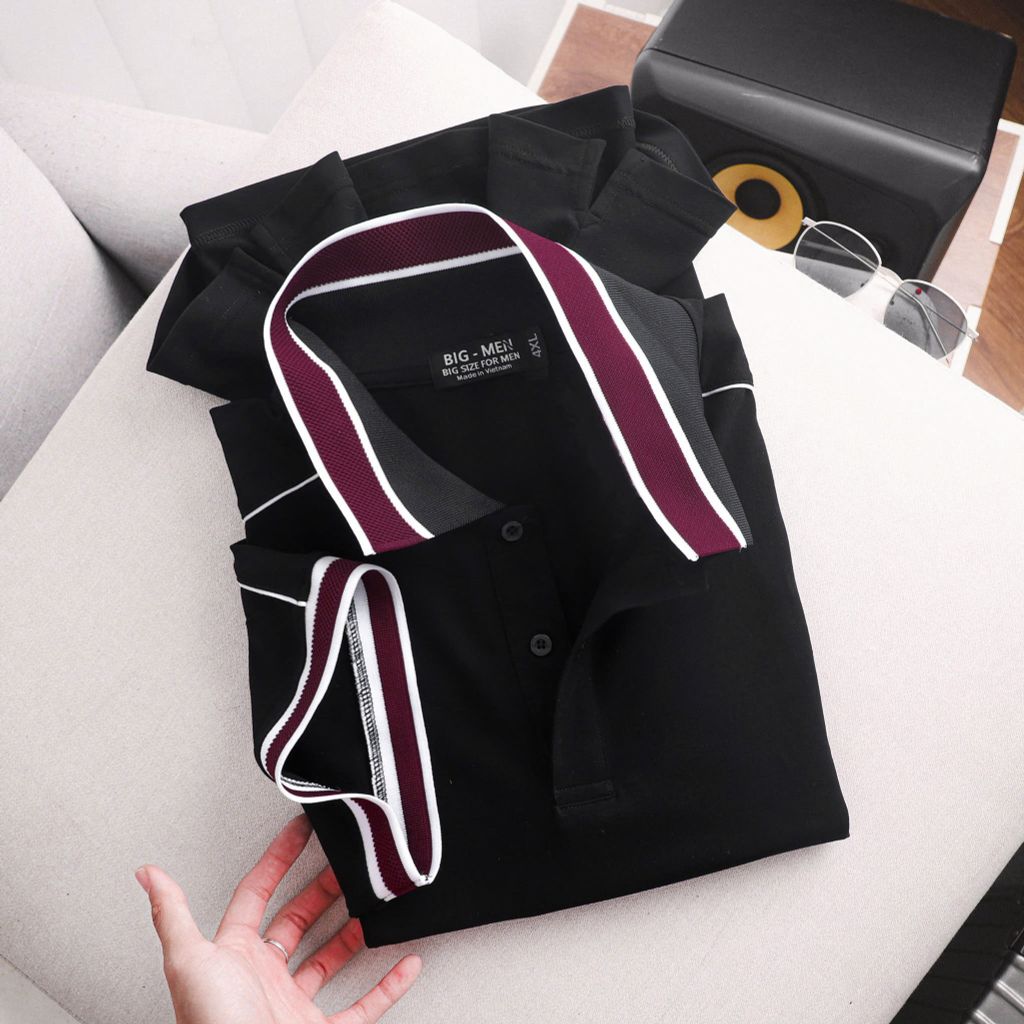 Áo thun polo màu đen chất vải cotton phối cổ tím độc lạ bigsize nam 85- 135 kg