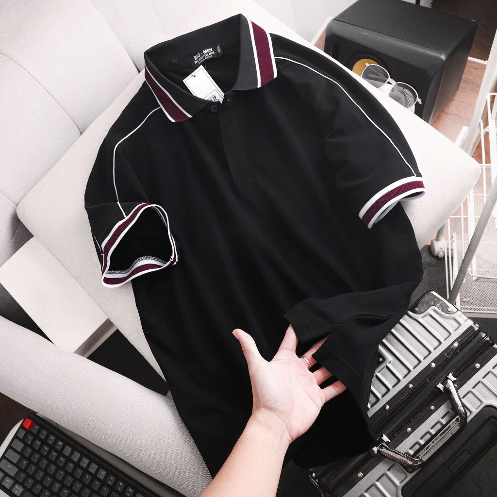 Áo thun polo màu đen chất vải cotton phối cổ tím độc lạ bigsize nam 85- 135 kg
