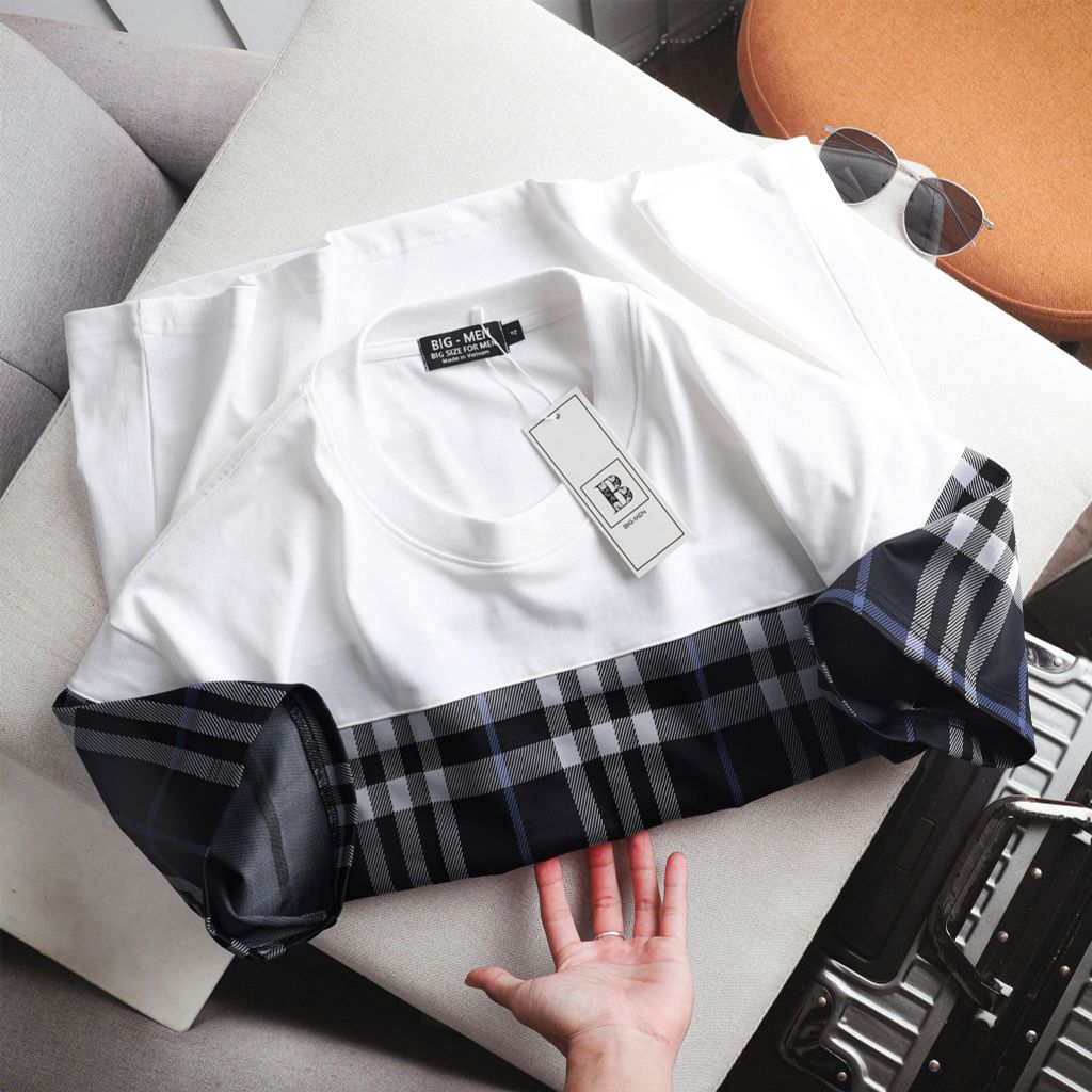 Áo thun chất cotton màu trắng phối caro cực sang bigsize nam< 140 kg