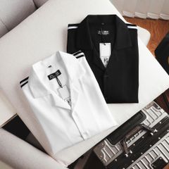 Áo sơ mi tay ngắn cổ đan tông/ cổ vest phối sọc vai mùa hè bigsize nam< 140 kg