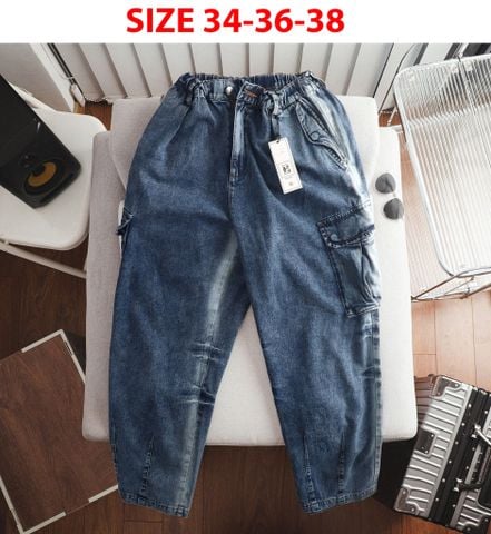 [Big Men] Quần jean dài màu xanh wash lưng thun túi hộp form nhỏ thời trang bigsize nam 70- 100 kg