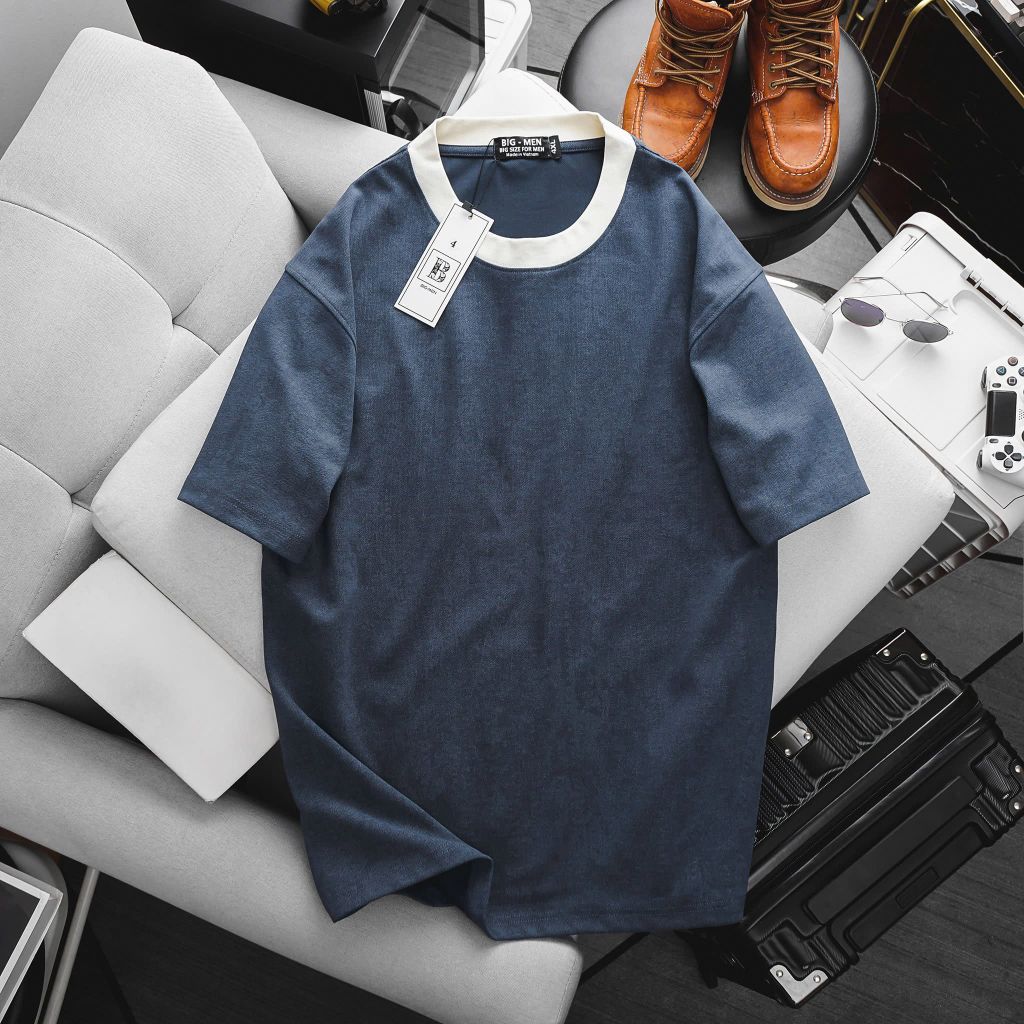 [ Big Men] Áo thun chất vải denim co giãn phối cổ thời trang bigsize nam 85- 135 kg