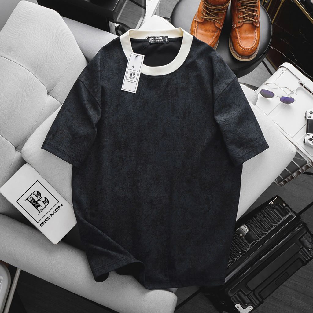 [ Big Men] Áo thun chất vải denim co giãn phối cổ thời trang bigsize nam 85- 135 kg