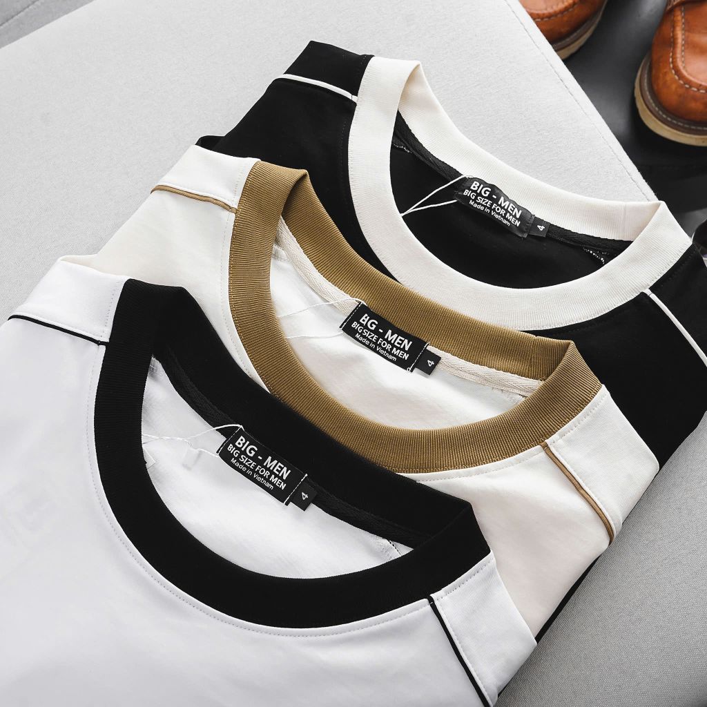 [ Big Men] Áo thun chất vải cotton phối sọc vai thời trang bigsize nam 85- 135 kg