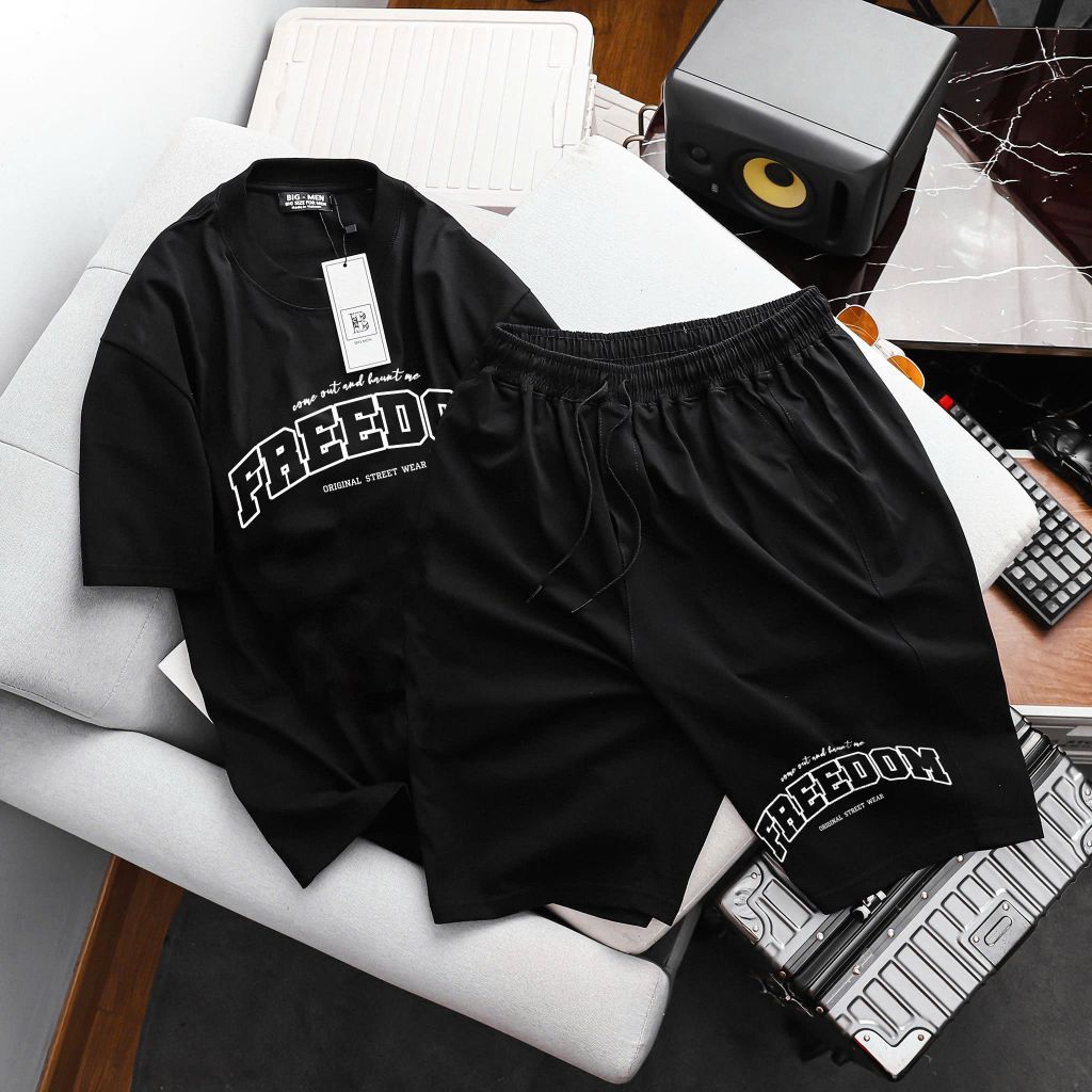 [ Big Men] Set bộ quần áo cotton đồng bộ in Freedom thời trang bigsize nam 85- 135 kg
