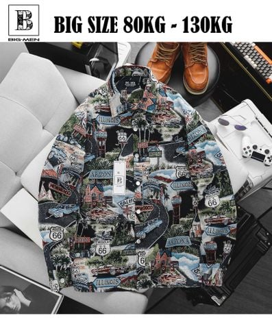[Big Men] Áo khoác sơ mi chất vải jean gấm họa tiết 3D cá tính< 135 kg