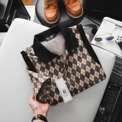 [ Big Men] Áo thun polo chất vải umi họa tiết hình thoi nâu phối sọc thời trang bigsize nam 85- 135 kg