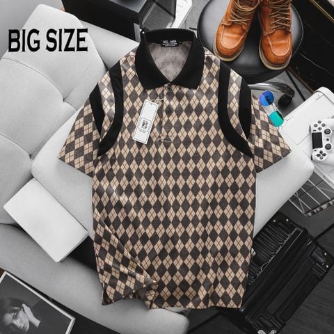 [ Big Men] Áo thun polo chất vải umi họa tiết hình thoi nâu phối sọc thời trang bigsize nam 85- 135 kg