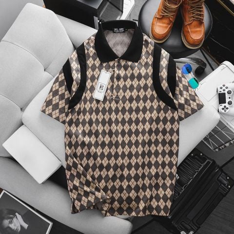 [ Big Men] Áo thun polo chất vải umi họa tiết hình thoi nâu phối sọc thời trang bigsize nam 85- 135 kg