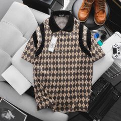 [ Big Men] Áo thun polo chất vải umi họa tiết hình thoi nâu phối sọc thời trang bigsize nam 85- 135 kg
