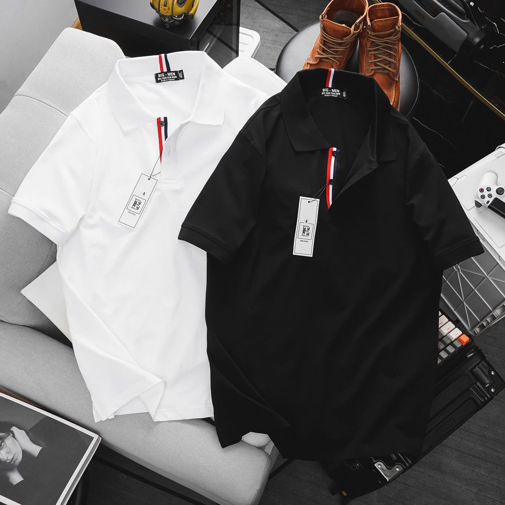 Big Men - Áo thun polo cá sấu cotton phối sọc cổ quốc dân form big size 85-130kg