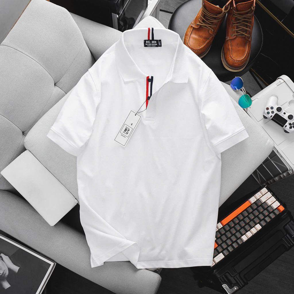 Big Men - Áo thun polo cá sấu cotton phối sọc cổ quốc dân form big size 85-130kg