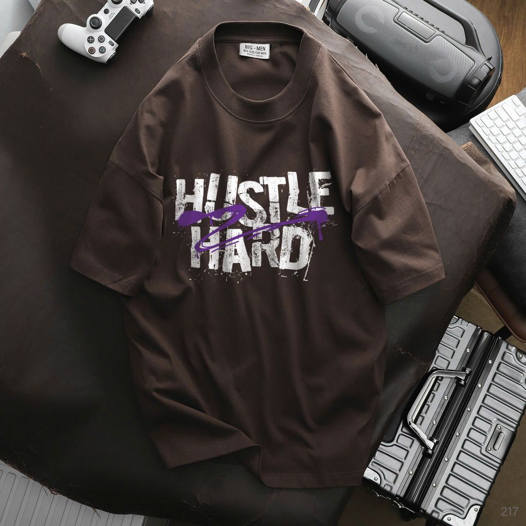 [ Big Men] Áo thun cotton in Hustle Hard thời trang cá tính bigsize nam 85-135 kg