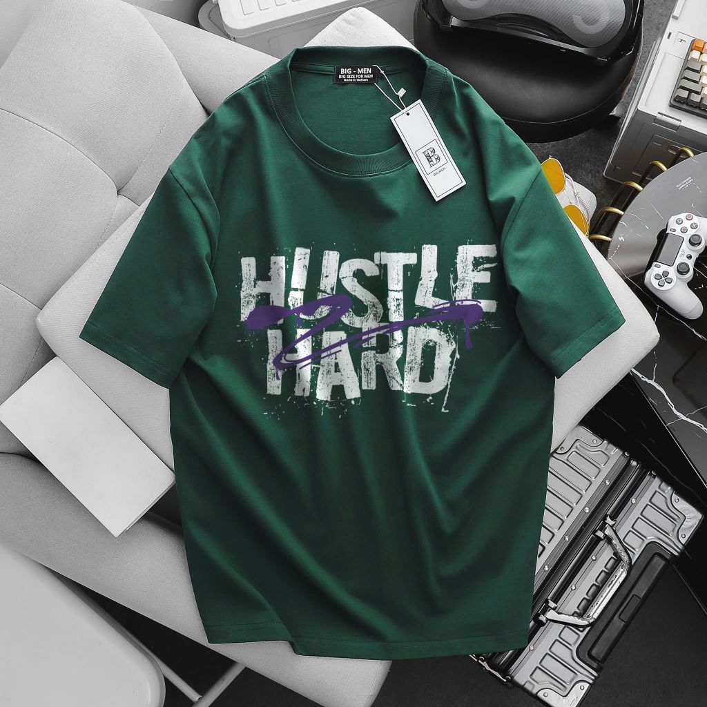 [ Big Men] Áo thun cotton in Hustle Hard thời trang cá tính bigsize nam 85-135 kg