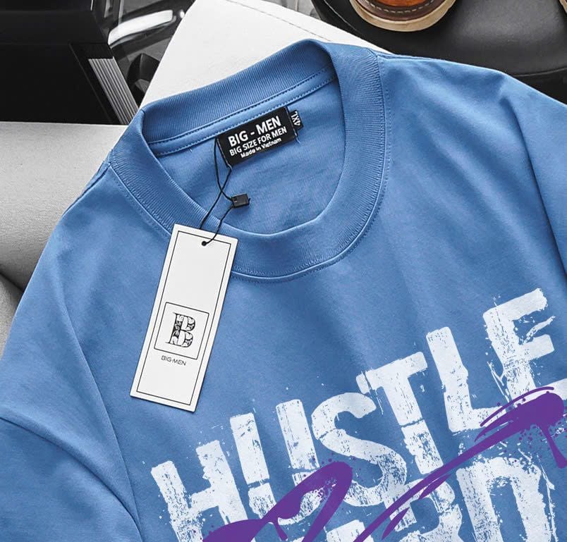 [ Big Men] Áo thun cotton in Hustle Hard thời trang cá tính bigsize nam 85-135 kg