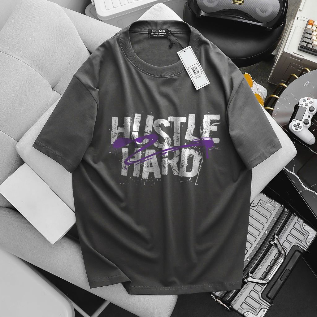 [ Big Men] Áo thun cotton in Hustle Hard thời trang cá tính bigsize nam 85-135 kg