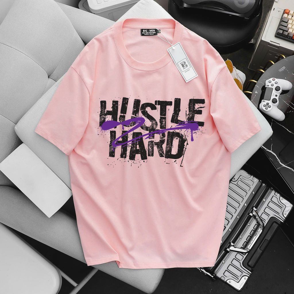 [ Big Men] Áo thun cotton in Hustle Hard thời trang cá tính bigsize nam 85-135 kg