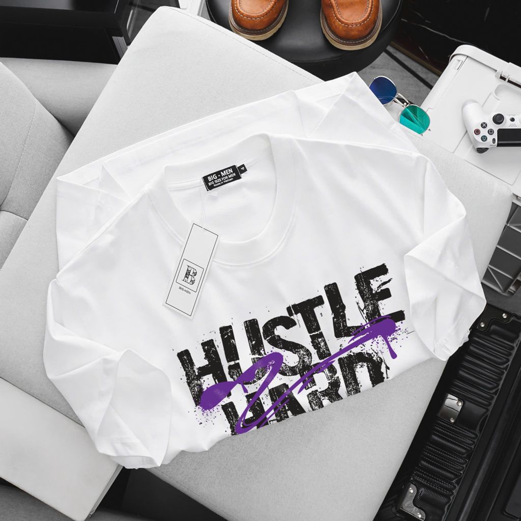 [ Big Men] Áo thun cotton in Hustle Hard thời trang cá tính bigsize nam 85-135 kg