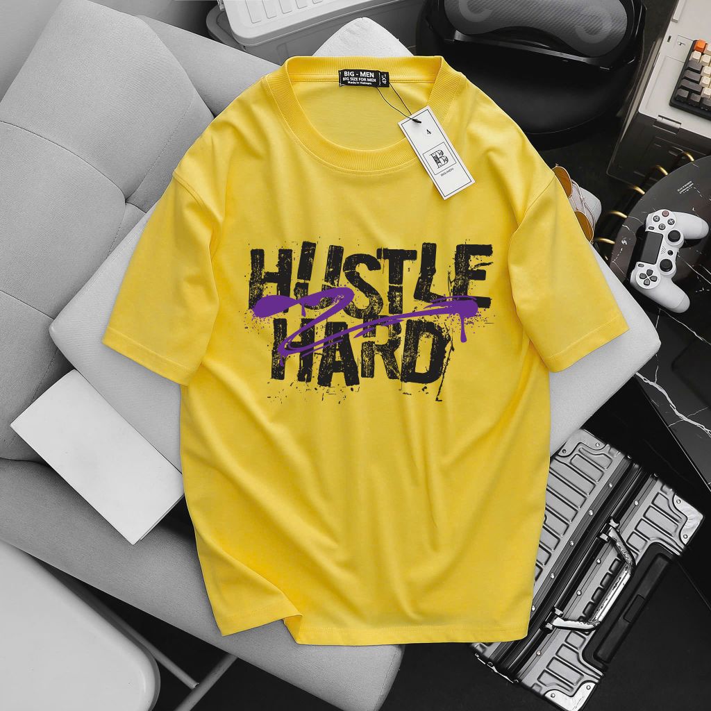 [ Big Men] Áo thun cotton in Hustle Hard thời trang cá tính bigsize nam 85-135 kg